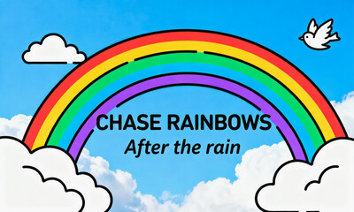 Naklejka premium This is a cute cartoon style graphic featuring a rainbow over a blue sky with clouds and a dove, with an inspirational quote about chasing rainbows after rain.