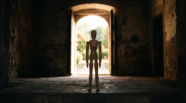 Minimal wooden human figure standing alone in a dark room, facing a bright light through an open doorway. Concept of hope, self-discovery, decision-making, faith, new beginnings