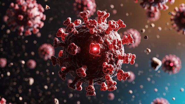 Intricate 3D illustration showcasing the detailed surface of a virulent pathogen, highlighted with glowing red elements, representing a microscopic biological threat