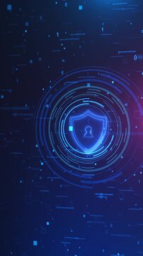 Digital protection shield interface with blue keyhole symbol, rotating HUD rings, binary texture, and empty dark area. Perfect for data safety videos, cyber alerts, and secure tech overlays.