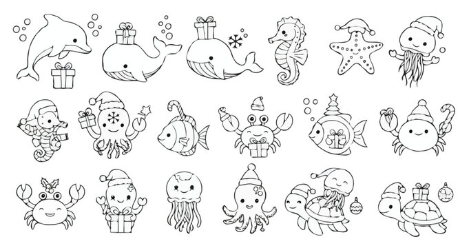 hand drawn christmas sea creatures set with gifts and festive decorations