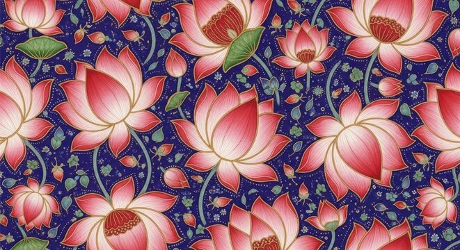 Seamless Pattern of Vibrant Pink Lotus Flowers on a Deep Blue Background.