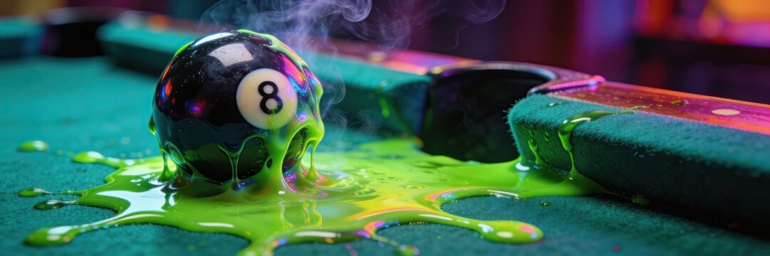 Surreal black billiard ball number 8 melting in vibrant neon green slime and toxic liquid.