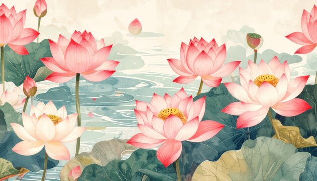 Serene Pink Lotus Flowers Blooming in a Misty Asian Landscape.