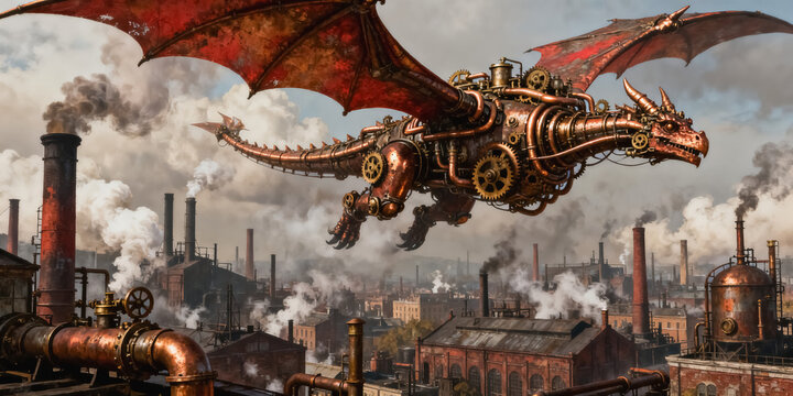 A steampunk mechanical copper dragon with brass gears flies over a smog-choked 19th century industrial factory district with smoking smokestacks.