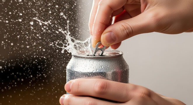 Closeup shot of a hand opening a refreshing beverage can with splash.