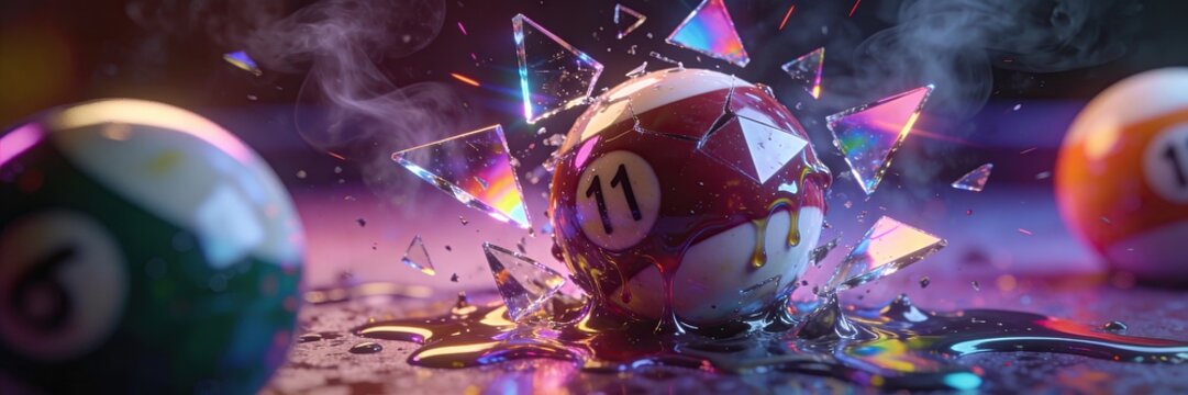Red billiard ball number 11 exploding into glass shards and geometric triangles.
