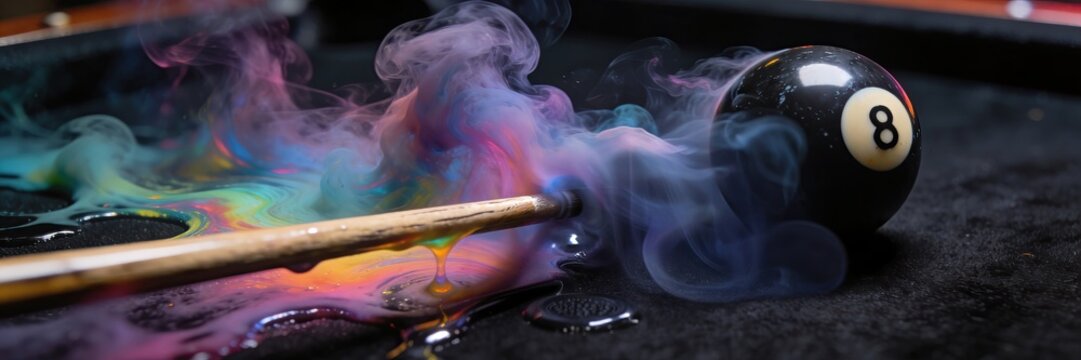Billiard cue stick hitting a cloud of colorful vibrant smoke on a dark background.