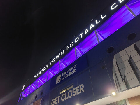 Sir Alf Ramsey Stand at Night: Illuminated South Stand of Ipswich Town FC
