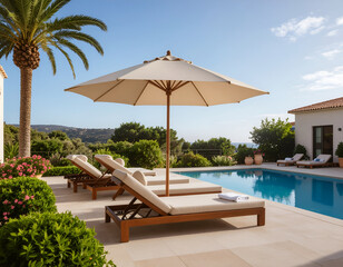 Fototapeta premium A serene poolside scene features lounge chairs under a large umbrella with a scenic view.