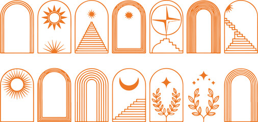 Mystical boho arch vector set with floral elements sun moon and linear borders for modern decorative print templates © Animesh