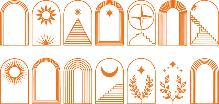 Mystical boho arch vector set with floral elements sun moon and linear borders for modern decorative print templates