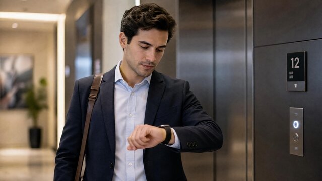 Young Businessman Checking Time on Smartwatch While Waiting for Elevator in Modern Office Lobby