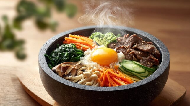 Delicious bibimbap with fresh vegetables, beef, and a sunny side up egg in a stone bowl.