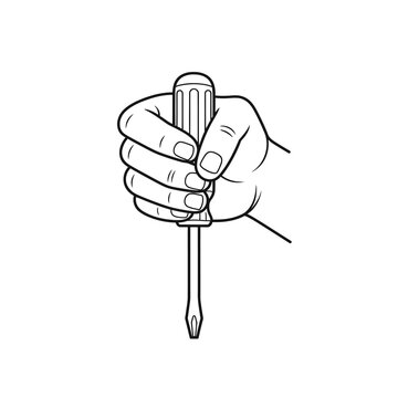 Hand holding a Phillips screwdriver in black outline style