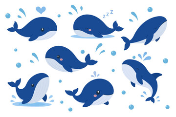 Naklejka premium Cute whale set adorable marine animals playful ocean character collection