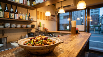 Fototapeta premium Bowl of mixed Asian food served on a wooden counter in a cozy restaurant interior with hanging lights, shelves of bottles and bowls, and a relaxed casual dining setting
