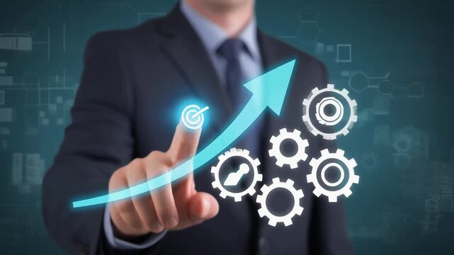 Business professional pointing at digital gears and upward arrow interface, symbolizing growth, progress, precision, and the modern synergy of technology with strategic improvement.