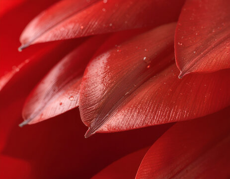 A close-up view showcases the vibrant, textured bracts of a Heliconia flower, displaying a rich red hue.