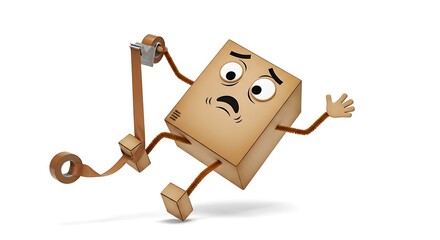 Naklejka premium A cartoon cardboard box character looking stressed and tangled in tape