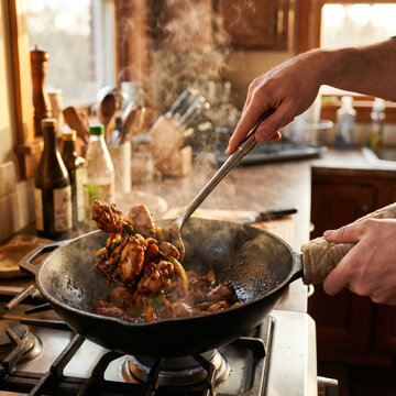 Person stir-frying food in a wok on a gas stove with steam rising in a warm home kitchen, with wooden utensils, bottles, and natural window light