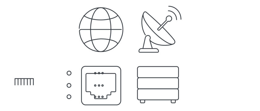 Web hosting and cloud infrastructure vector icon set or collection of 4 icons featuring globe, satellite dish, ethernet port, and rack unit symbols for modern network and server technology.