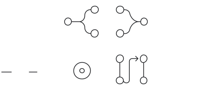 Four distinct glyphs representing software repository actions like merging and branching. A professional set of graphics for collaborative coding platforms, versioning guides, and UI.