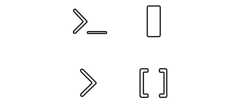 Terminal interface and command prompt vector icon set with editable stroke featuring blinking cursor, chevron, and bracket symbols for coding, system administration, and software development.