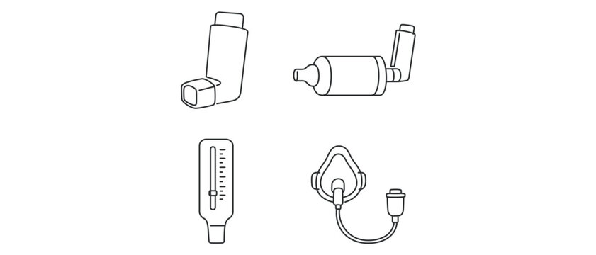 Asthma management vector icon set with editable stroke featuring a collection of 4 icons including a pocket inhaler, spacer device, peak flow meter, and a nebulizer mask for respiratory care health.