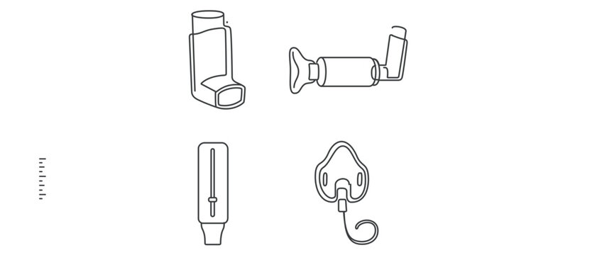 Asthma management vector icon set including pocket inhaler spacer device peak flow meter and nebulizer mask with an editable stroke for adjustable line weight and professional medical design.