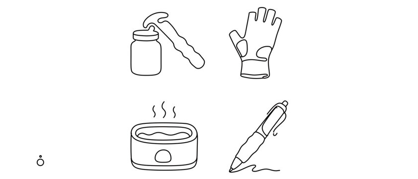 Arthritis joint support collection of 4 icons with jar opener tool compression glove paraffin wax bath and easygrip pen featuring an editable stroke for custom line weight and modern design.