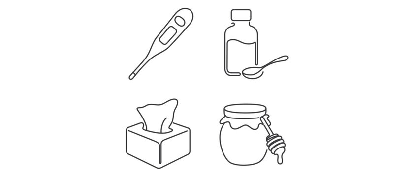 Common cold recovery vector icon set with editable stroke featuring a collection of 4 icons: digital thermometer, cough syrup bottle, tissue box, and honey jar for home treatment and health care.