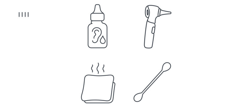 Ear infection care vector icon set with ear drops bottle, handheld otoscope, warm compress, and cotton swab, featuring an editable stroke for professional otolaryngology medical illustrations.