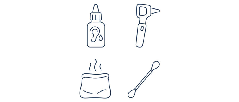 Ear infection care collection of 4 icons with ear drops bottle, handheld otoscope, warm compress, and cotton swab, designed as flat minimalist symbols for otolaryngology medical clinic use.