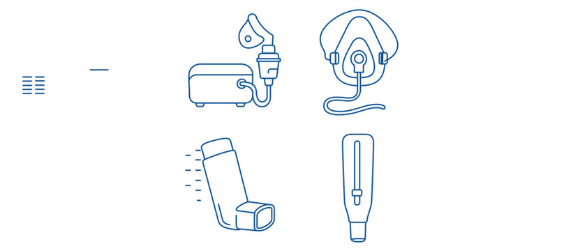 Respiratory care vector icon set with editable stroke including nebulizer compressor, plastic oxygen mask, asthma inhaler canister and peak flow meter collection of 4 icons for home health care.