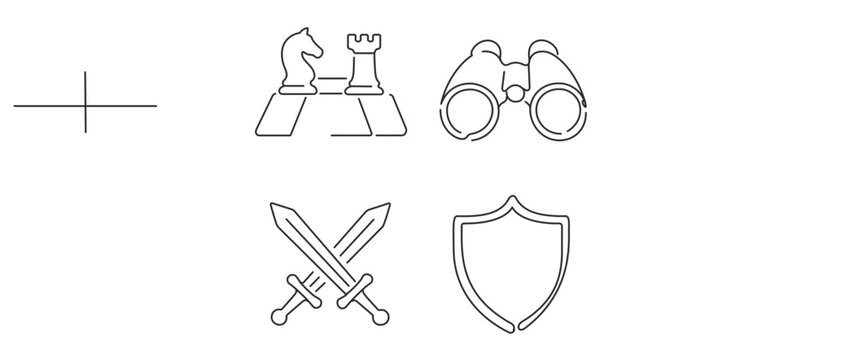 Competitive analysis and market research strategy vector icon set featuring a collection of 4 icons with a chessboard, binoculars for scouting, crossed swords for rivalry, and a defensive shield.