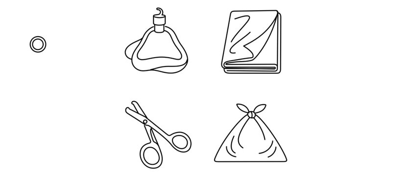 Field first aid vector icon set showing cpr mask, mylar emergency blanket, trauma shears and triangular bandage with editable stroke. Professional collection of 4 icons for emergency services.