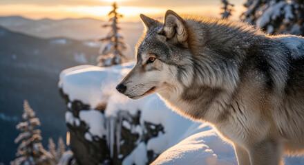 Fototapeta premium Wolf Portrait in a Winter Landscape at Sunset