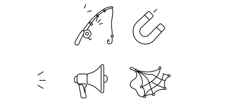 Lead generation and user acquisition vector icon set with editable stroke, featuring a fishing rod, horseshoe magnet, megaphone, and casting net; this collection of 4 icons is highly customizable.