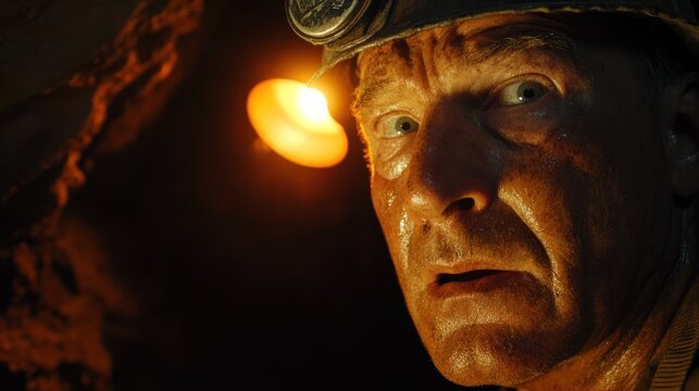Close-up of a frightened miner's face in a dark mine shaft, illuminated by a lamp.