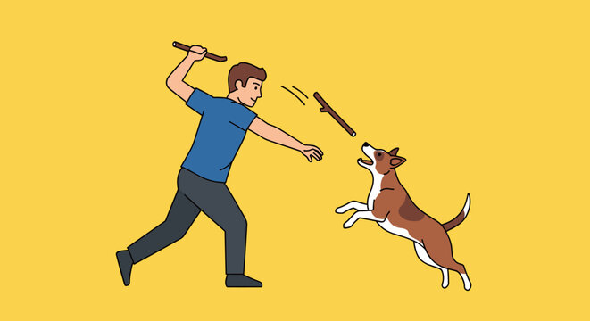 Man playing with his dog using a stick for fetch in a flat vector style