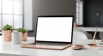 Fototapeta premium Minimalist office desk with laptop, plants, and bright natural light in a clean workspace.