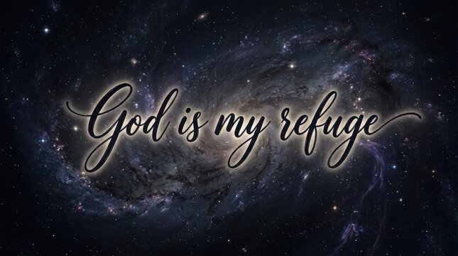 Dark celestial ink typography 'God is my refuge', deep black and indigo background with swirling cosmic dust, luminous handwritten letters glowing faintly like starlight