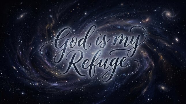 Dark celestial ink typography 'God is my refuge', deep black and indigo background with swirling cosmic dust, luminous handwritten letters glowing faintly like starlight