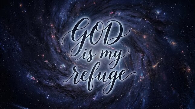 Dark celestial ink typography 'God is my refuge', deep black and indigo background with swirling cosmic dust, luminous handwritten letters glowing faintly like starlight