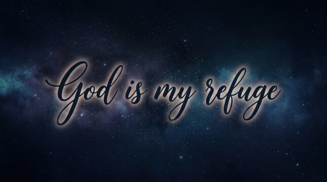 Dark celestial ink typography 'God is my refuge', deep black and indigo background with swirling cosmic dust, luminous handwritten letters glowing faintly like starlight