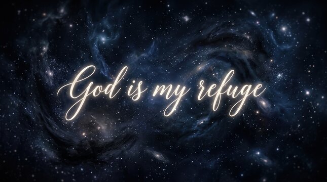 Dark celestial ink typography 'God is my refuge', deep black and indigo background with swirling cosmic dust, luminous handwritten letters glowing faintly like starlight