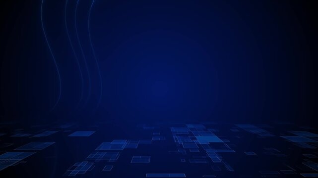 Dark blue tech floor background with transparent square panels, curved light lines, and empty central space. Perfect for corporate videos, AI presentations, software titles, and overlays.