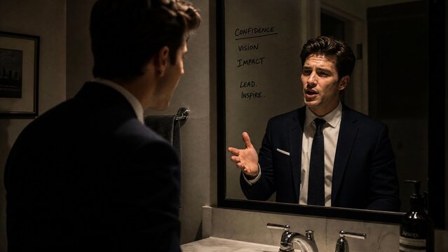 Confident Businessman Practicing Speech in Mirror with Motivational Words for Success