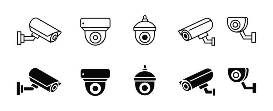 Set of ten black and white security camera featuring bullet and dome surveillance devices in outline and solid silhouette styles for monitoring and safety systems